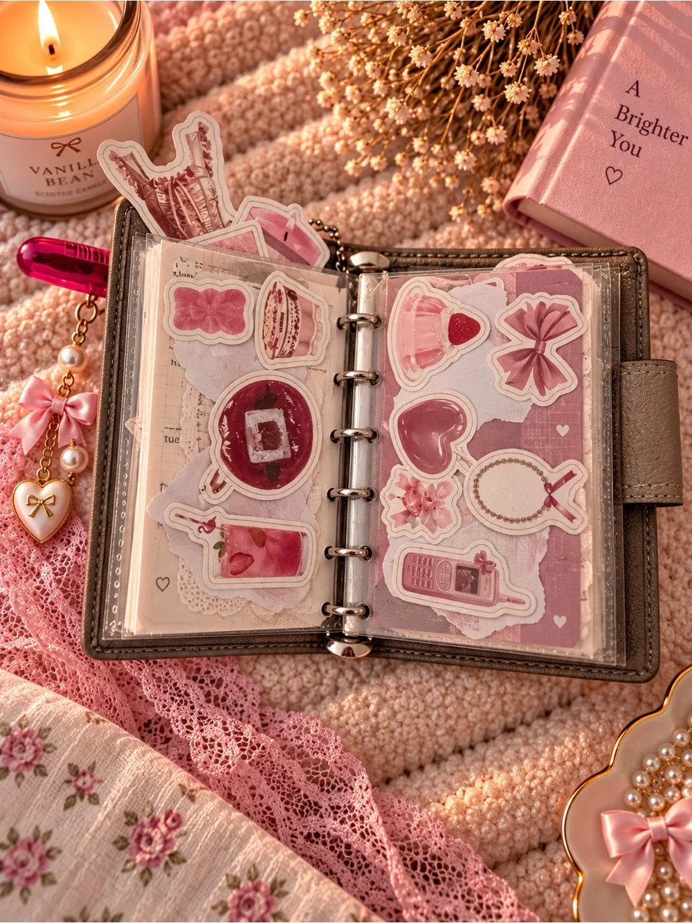 Coach Taupe Leather Card Holder with Pink Bow Charm and Hot Pink Pen